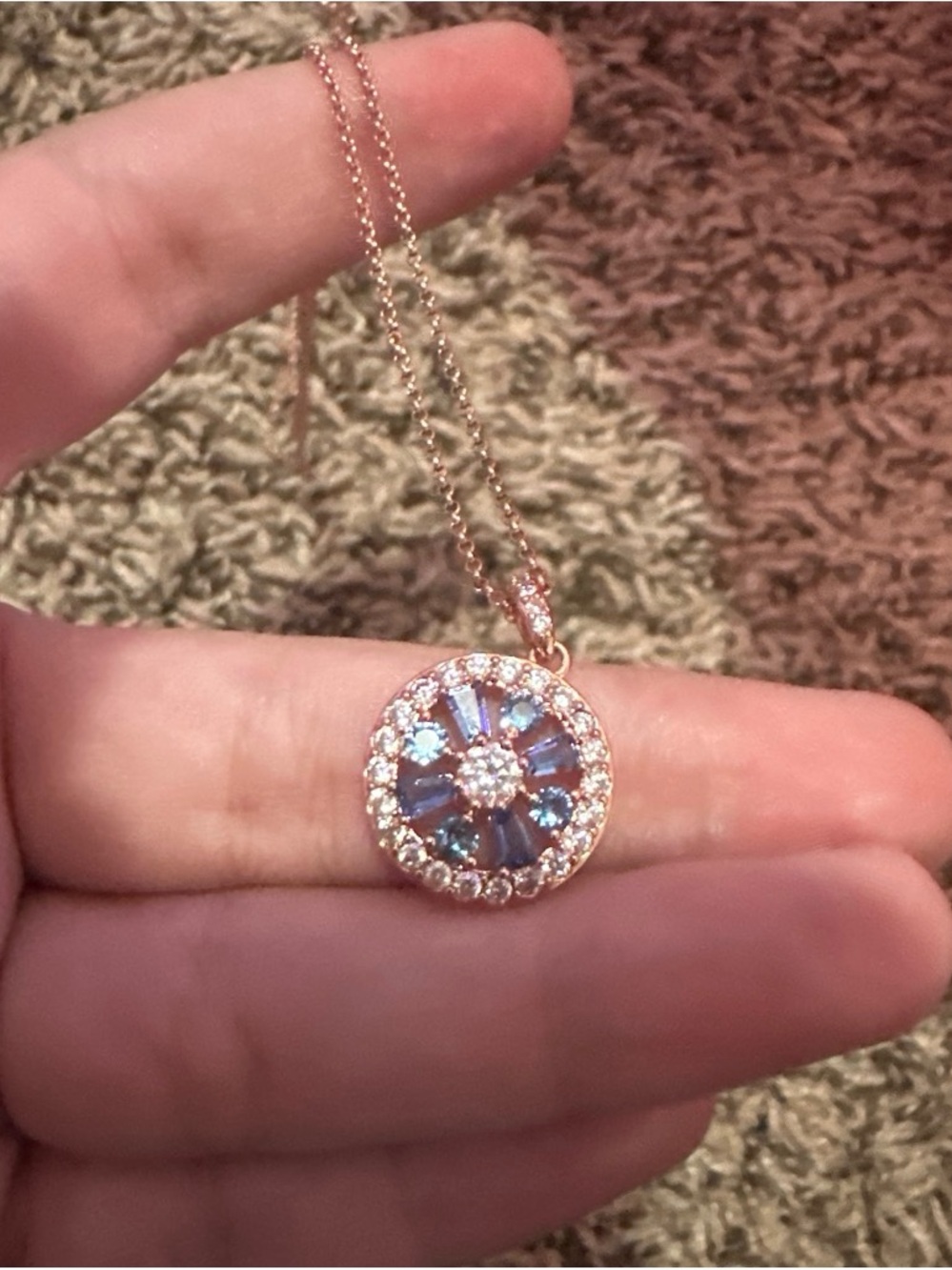 Rose Gold Pendant Necklace with Blue Crystal Halo